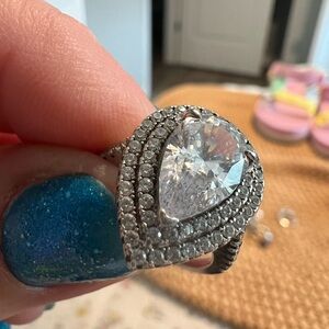 Sparkling Teardrop Cubic Zirconia Halo Ring - Sterling Silver